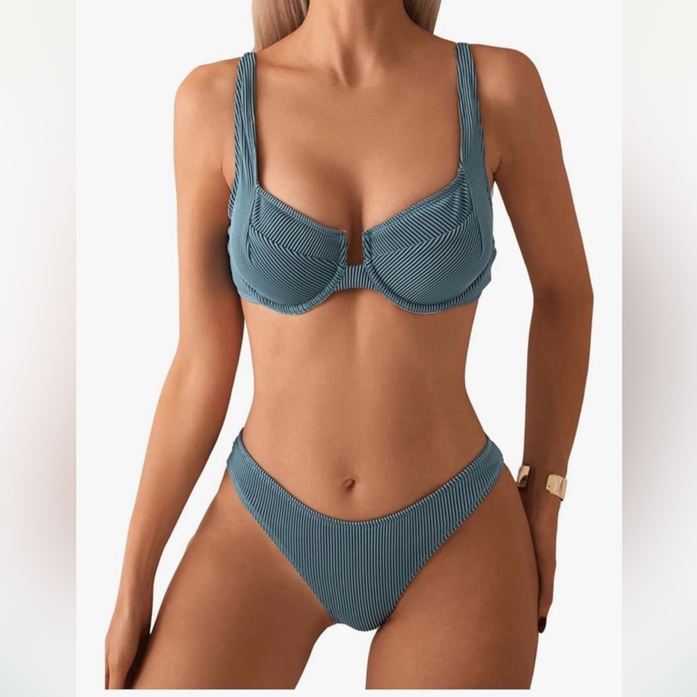 Underwire Striped Bikini-DARK GREEN Women’s Size Medium